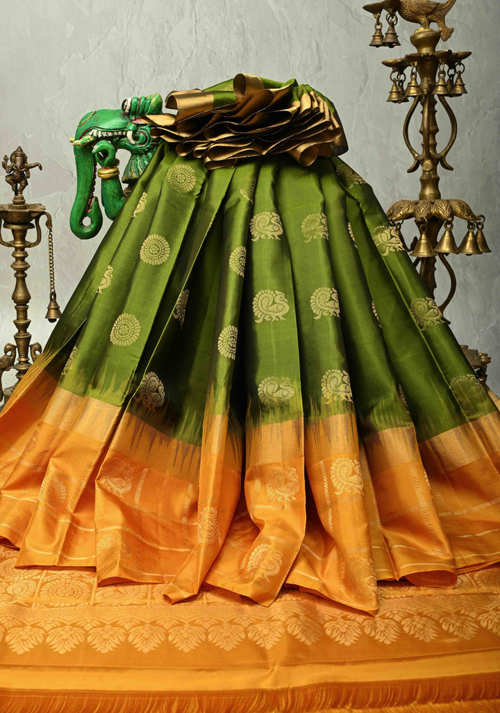 Mehendi Green Kanjivaram Soft Silk Saree with Peacock Buttas and Contrast Zari Checks Border | SILK MARK CERTIFIED