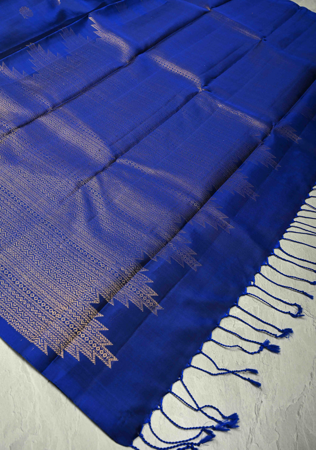 Navy Blue Kanjivaram Soft Silk Saree with Floral Zari Buttas and Temple Zari Border | SILK MARK CERTIFIED