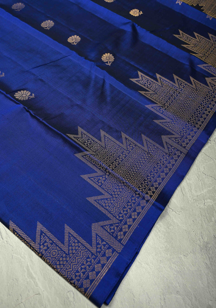 Navy Blue Kanjivaram Soft Silk Saree with Floral Zari Buttas and Temple Zari Border | SILK MARK CERTIFIED
