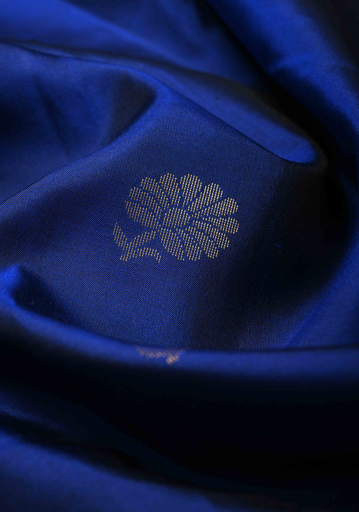 Navy Blue Kanjivaram Soft Silk Saree with Floral Zari Buttas and Temple Zari Border | SILK MARK CERTIFIED