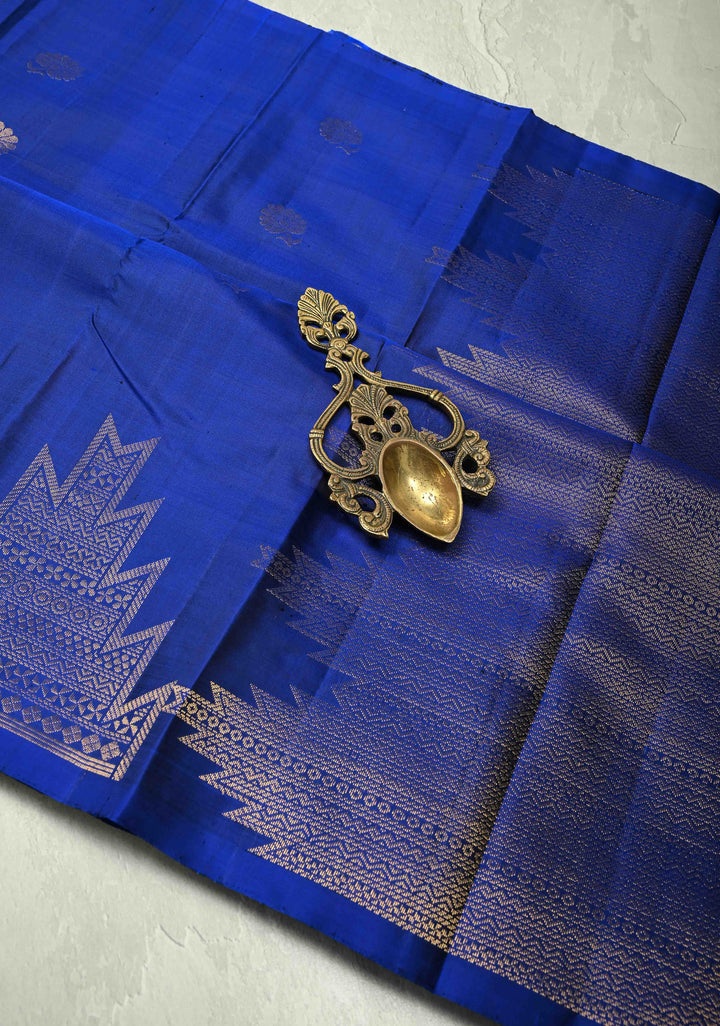 Navy Blue Kanjivaram Soft Silk Saree with Floral Zari Buttas and Temple Zari Border | SILK MARK CERTIFIED