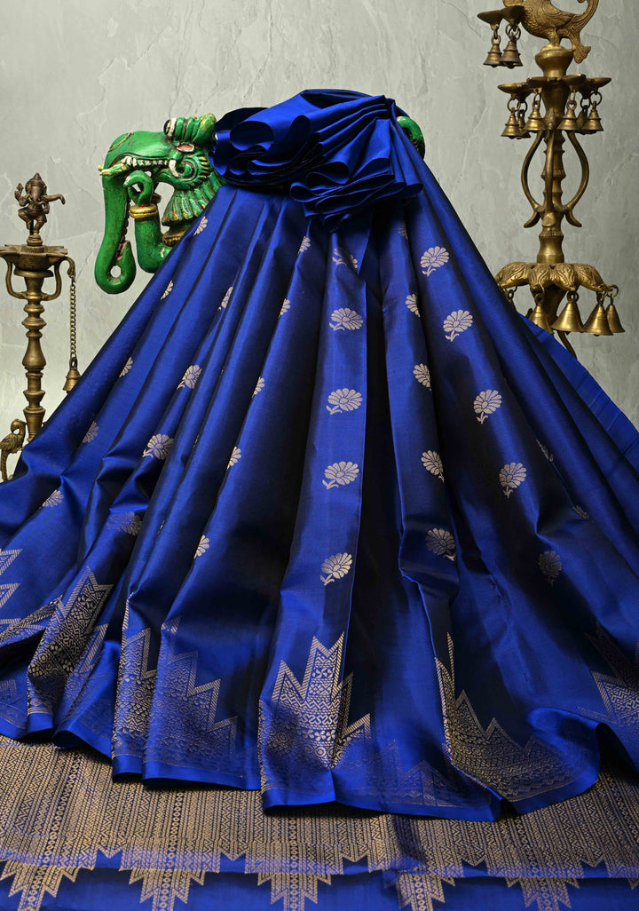 Navy Blue Kanjivaram Soft Silk Saree with Floral Zari Buttas and Temple Zari Border | SILK MARK CERTIFIED