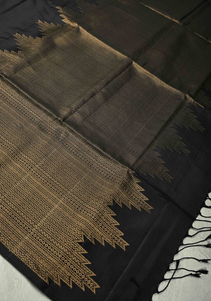 Black Kanjivaram Soft Silk Saree with Floral Zari Buttas and Temple Zari Border | SILK MARK CERTIFIED