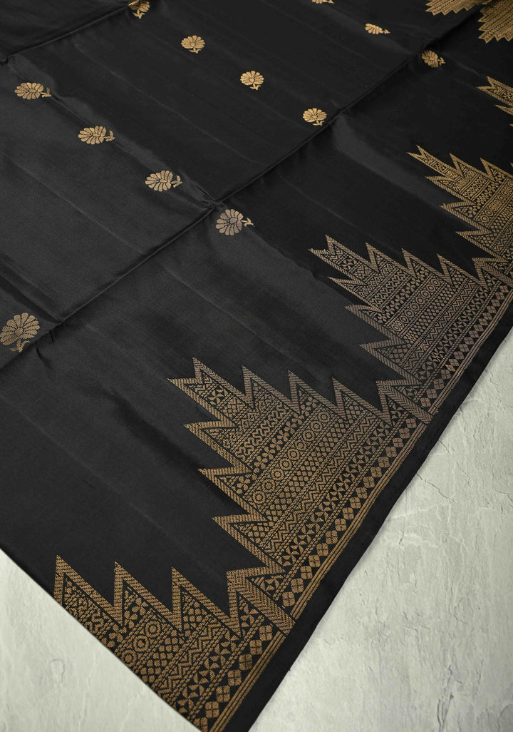 Black Kanjivaram Soft Silk Saree with Floral Zari Buttas and Temple Zari Border | SILK MARK CERTIFIED
