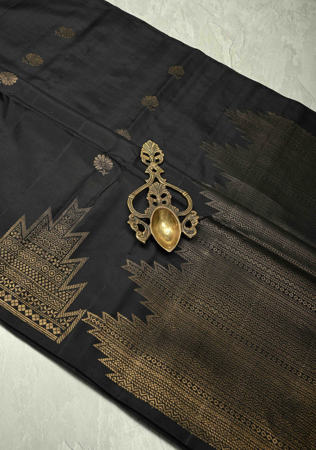 Black Kanjivaram Soft Silk Saree with Floral Zari Buttas and Temple Zari Border | SILK MARK CERTIFIED