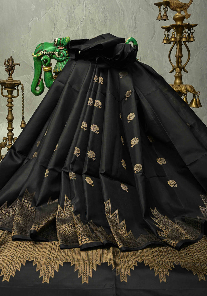 Black Kanjivaram Soft Silk Saree with Floral Zari Buttas and Temple Zari Border | SILK MARK CERTIFIED