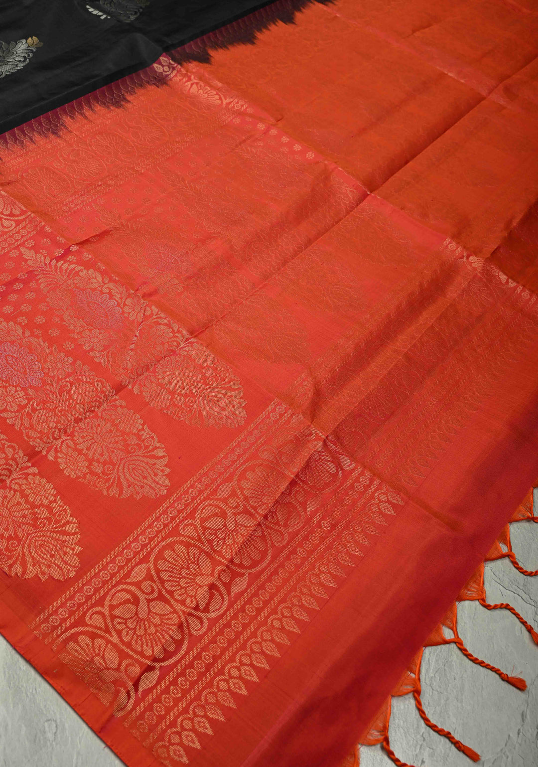 Black Borderless Kanjivaram Soft Silk Saree with Gold-Silver Buttas and Contrast Pallu | SILK MARK CERTIFIED