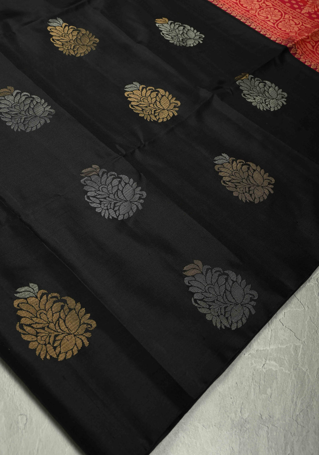 Black Borderless Kanjivaram Soft Silk Saree with Gold-Silver Buttas and Contrast Pallu | SILK MARK CERTIFIED