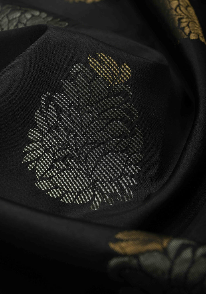 Black Borderless Kanjivaram Soft Silk Saree with Gold-Silver Buttas and Contrast Pallu | SILK MARK CERTIFIED