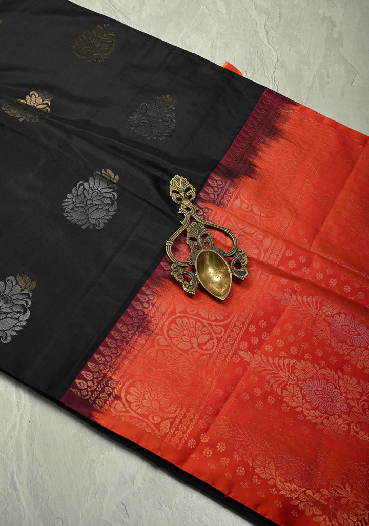 Black Borderless Kanjivaram Soft Silk Saree with Gold-Silver Buttas and Contrast Pallu | SILK MARK CERTIFIED