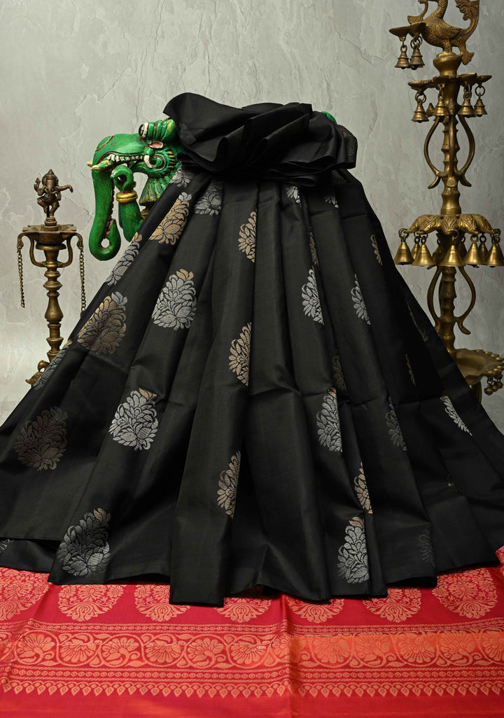 Black Borderless Kanjivaram Soft Silk Saree with Gold-Silver Buttas and Contrast Pallu | SILK MARK CERTIFIED