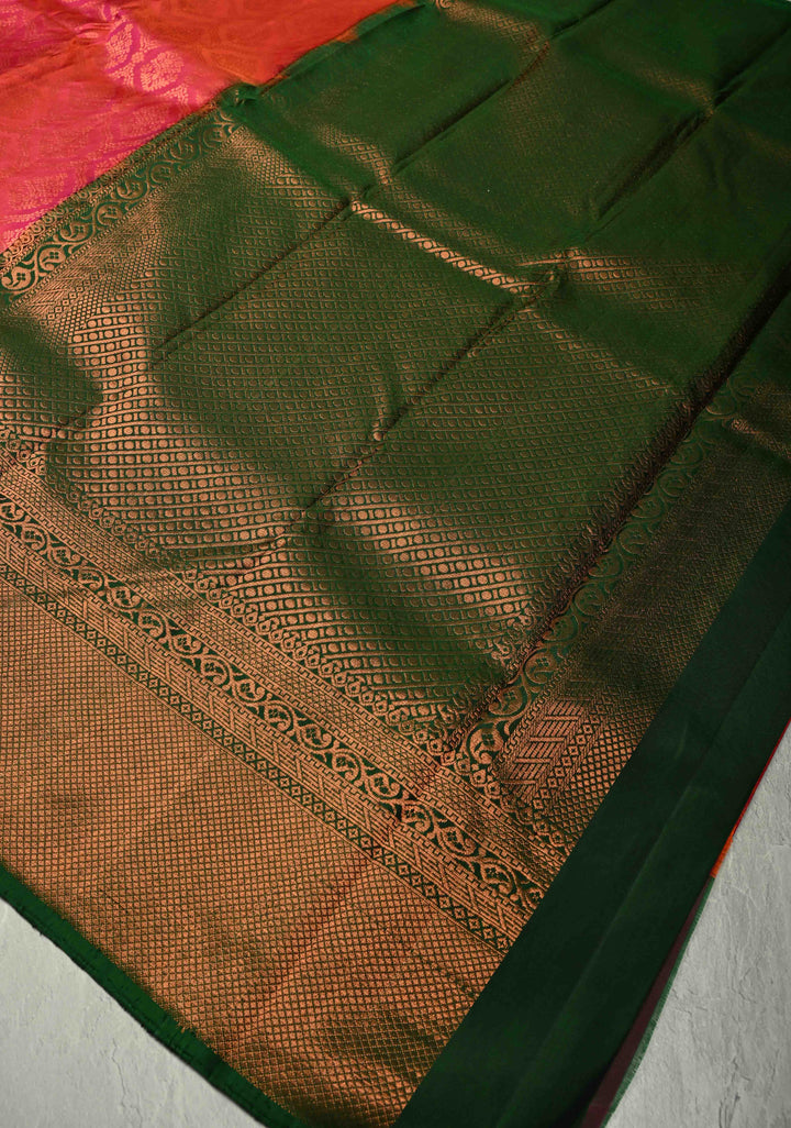 Rani Pink Kanjivaram Soft Silk Saree with Brocade Jaal and Contrast Zari Border | SILK MARK CERTIFIED