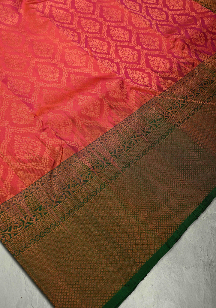 Rani Pink Kanjivaram Soft Silk Saree with Brocade Jaal and Contrast Zari Border | SILK MARK CERTIFIED