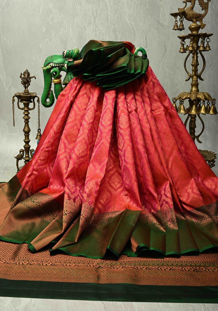 Rani Pink Kanjivaram Soft Silk Saree with Brocade Jaal and Contrast Zari Border | SILK MARK CERTIFIED