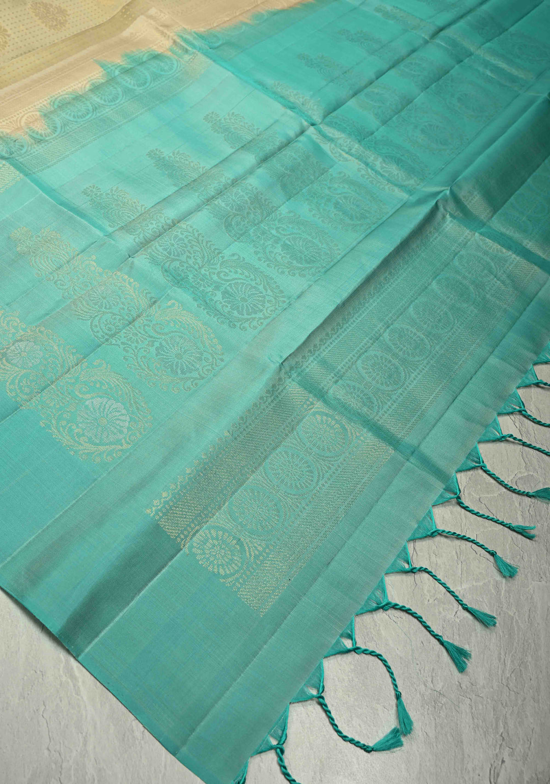Cream Zari Stripes on Kanjivaram Soft Silk Saree with Zari Buttas and Contrast Border | SILK MARK CERTIFIED