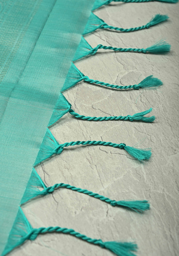 Cream Zari Stripes on Kanjivaram Soft Silk Saree with Zari Buttas and Contrast Border | SILK MARK CERTIFIED