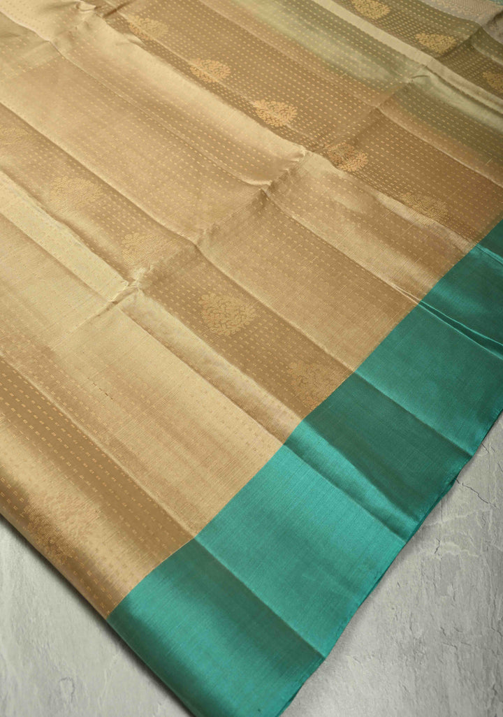 Cream Zari Stripes on Kanjivaram Soft Silk Saree with Zari Buttas and Contrast Border | SILK MARK CERTIFIED
