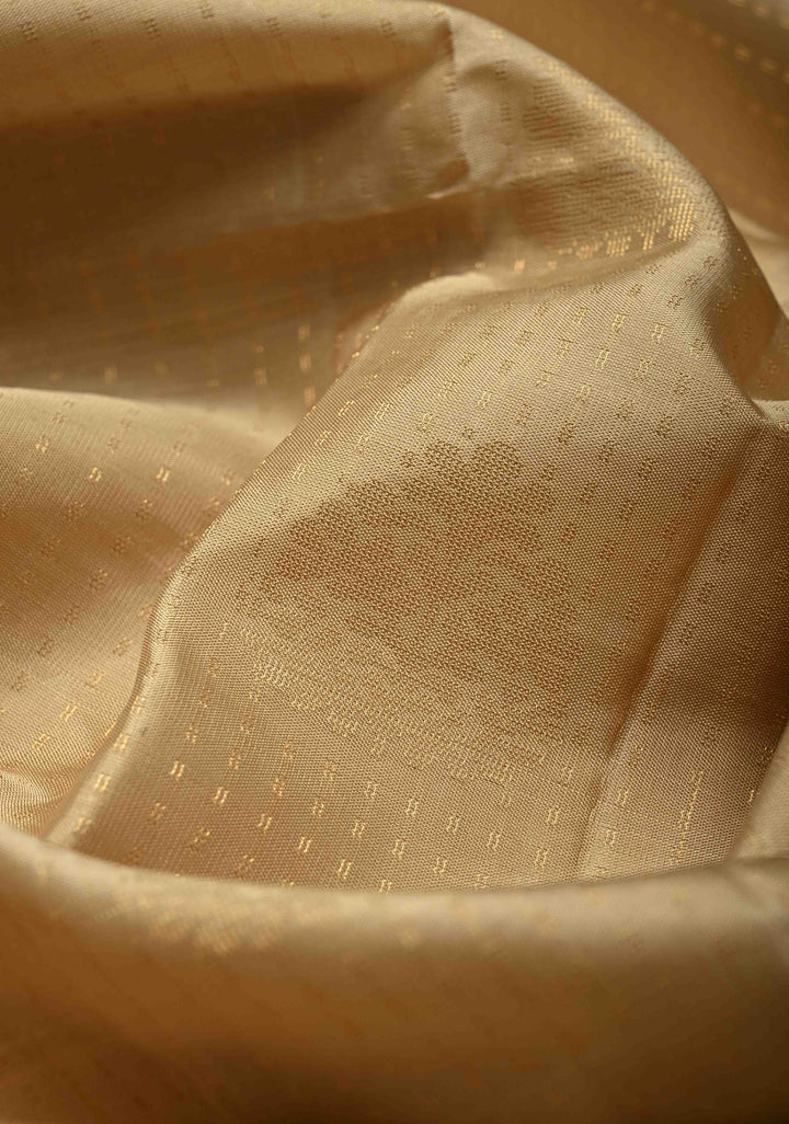 Cream Zari Stripes on Kanjivaram Soft Silk Saree with Zari Buttas and Contrast Border | SILK MARK CERTIFIED