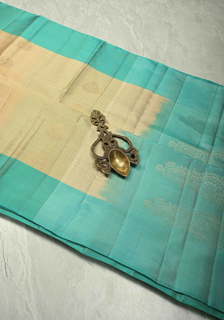 Cream Zari Stripes on Kanjivaram Soft Silk Saree with Zari Buttas and Contrast Border | SILK MARK CERTIFIED
