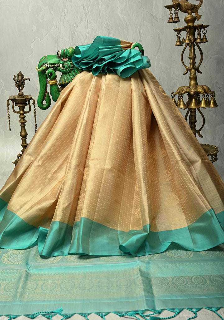 Cream Zari Stripes on Kanjivaram Soft Silk Saree with Zari Buttas and Contrast Border | SILK MARK CERTIFIED