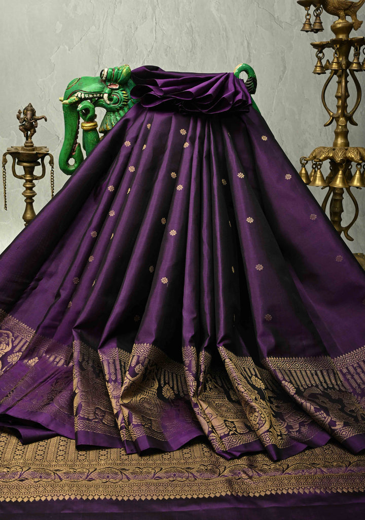 Eggplant Purple Dual Tone Kanjivaram Soft Silk Saree with Chunri Buttis and Procession Zari Border | SILK MARK CERTIFIED