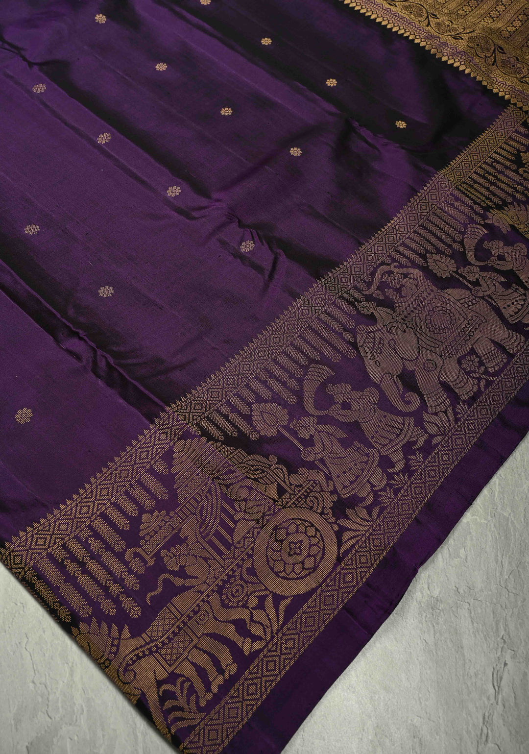 Eggplant Purple Dual Tone Kanjivaram Soft Silk Saree with Chunri Buttis and Procession Zari Border | SILK MARK CERTIFIED