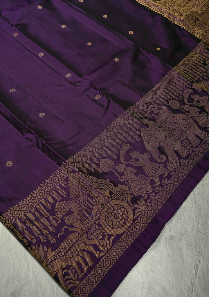 Eggplant Purple Dual Tone Kanjivaram Soft Silk Saree with Chunri Buttis and Procession Zari Border | SILK MARK CERTIFIED