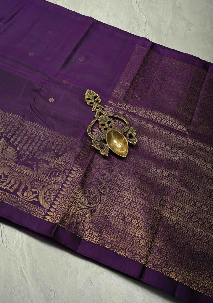 Eggplant Purple Dual Tone Kanjivaram Soft Silk Saree with Chunri Buttis and Procession Zari Border | SILK MARK CERTIFIED