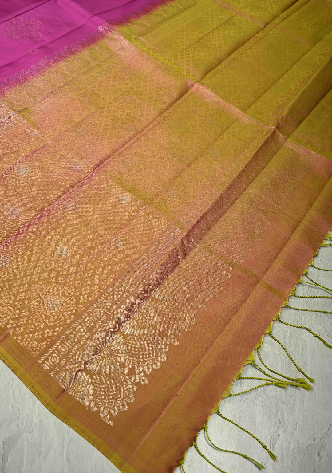 Light Magenta Kanjivaram Soft Silk Saree with Gold-Silver Rangoli Buttas and Contrast Border | SILK MARK CERTIFIED