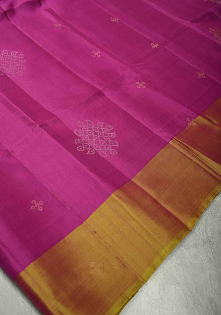 Light Magenta Kanjivaram Soft Silk Saree with Gold-Silver Rangoli Buttas and Contrast Border | SILK MARK CERTIFIED
