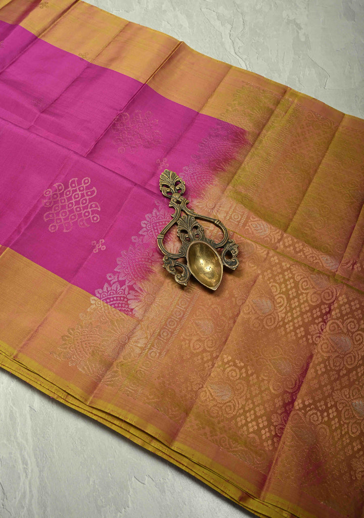 Light Magenta Kanjivaram Soft Silk Saree with Gold-Silver Rangoli Buttas and Contrast Border | SILK MARK CERTIFIED