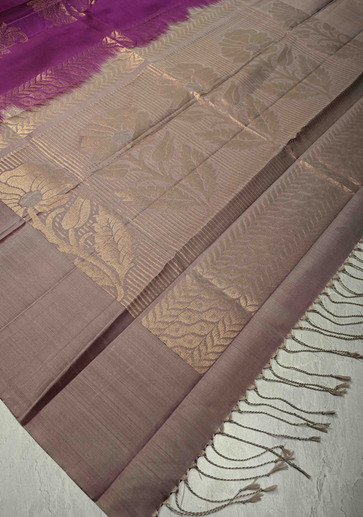 Plum Kanjivaram Soft Silk Saree with Floral Zari Buttas and Contrast Border | SILK MARK CERTIFIED