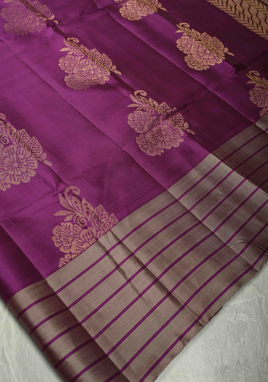 Plum Kanjivaram Soft Silk Saree with Floral Zari Buttas and Contrast Border | SILK MARK CERTIFIED