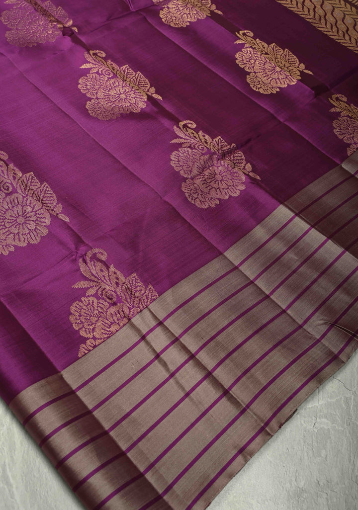 Plum Kanjivaram Soft Silk Saree with Floral Zari Buttas and Contrast Border | SILK MARK CERTIFIED