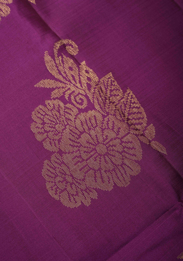 Plum Kanjivaram Soft Silk Saree with Floral Zari Buttas and Contrast Border | SILK MARK CERTIFIED