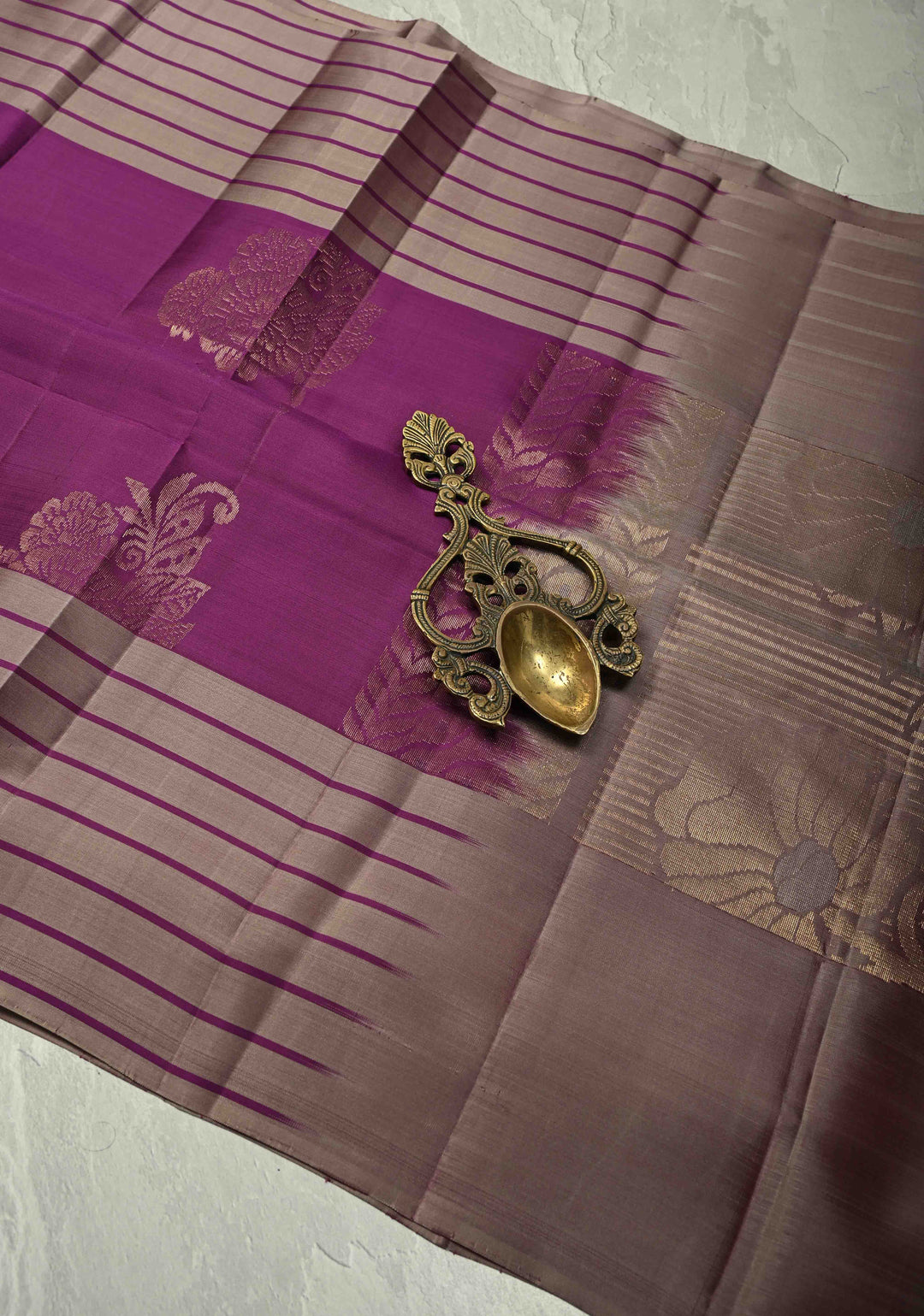 Plum Kanjivaram Soft Silk Saree with Floral Zari Buttas and Contrast Border | SILK MARK CERTIFIED