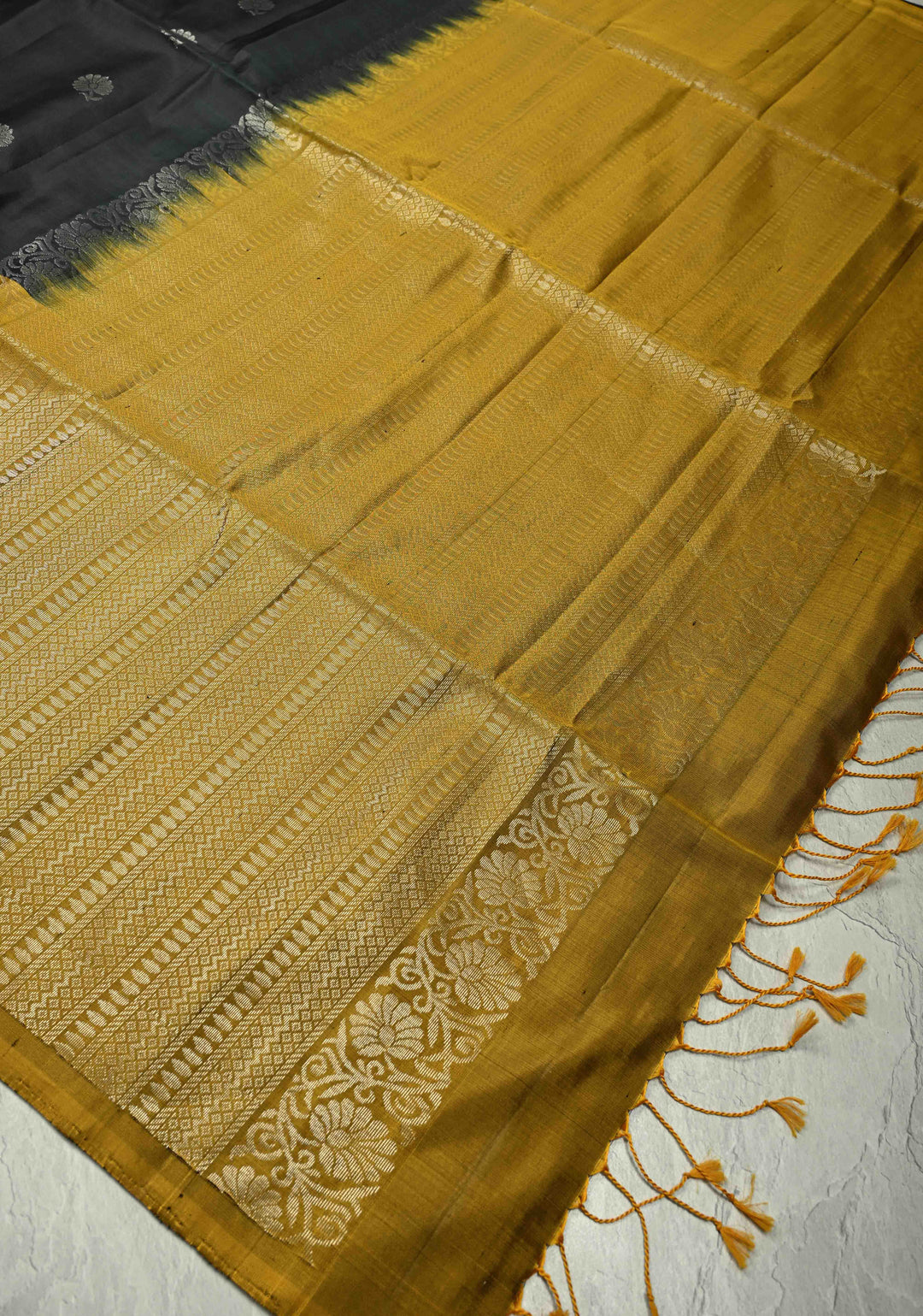 Black Kanjivaram Soft Silk Saree with Floral Silver Zari Buttas and Contrast Skirt Border | SILK MARK CERTIFIED | SHOBITAM