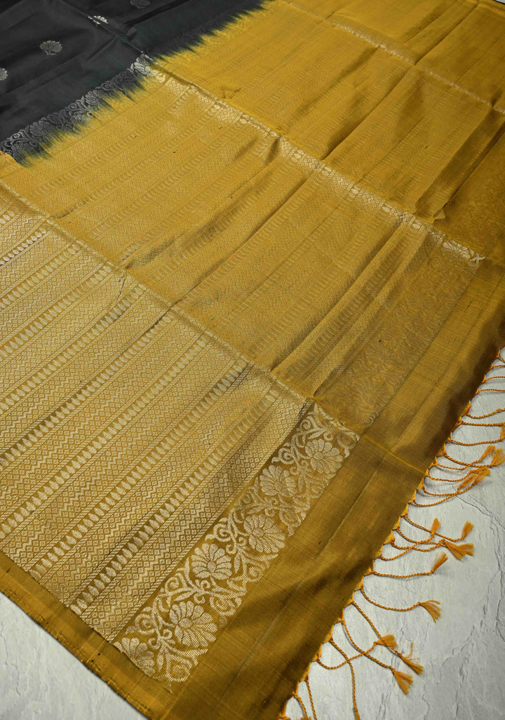 Black Kanjivaram Soft Silk Saree with Floral Silver Zari Buttas and Contrast Skirt Border | SILK MARK CERTIFIED | SHOBITAM