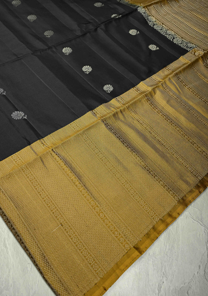 Black Kanjivaram Soft Silk Saree with Floral Silver Zari Buttas and Contrast Skirt Border | SILK MARK CERTIFIED | SHOBITAM