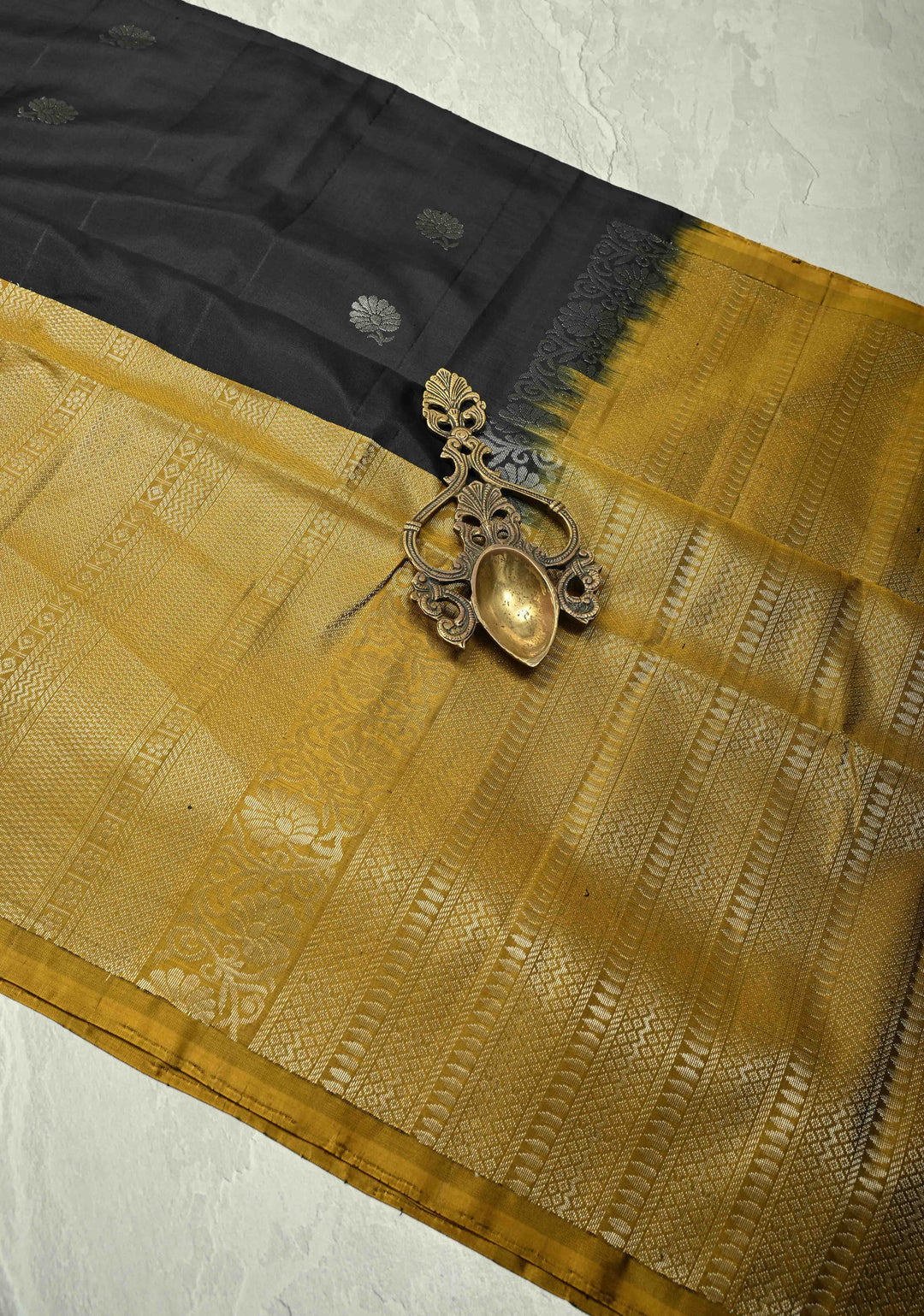 Black Kanjivaram Soft Silk Saree with Floral Silver Zari Buttas and Contrast Skirt Border | SILK MARK CERTIFIED | SHOBITAM