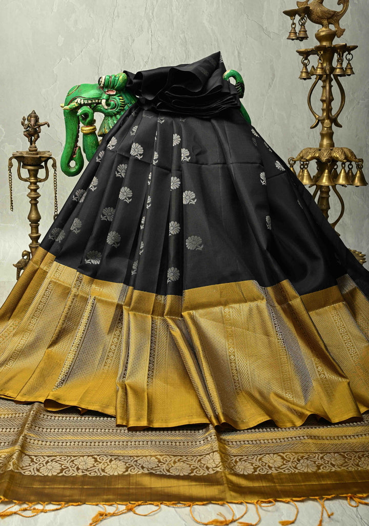 Black Kanjivaram Soft Silk Saree with Floral Silver Zari Buttas and Contrast Skirt Border | SILK MARK CERTIFIED | SHOBITAM