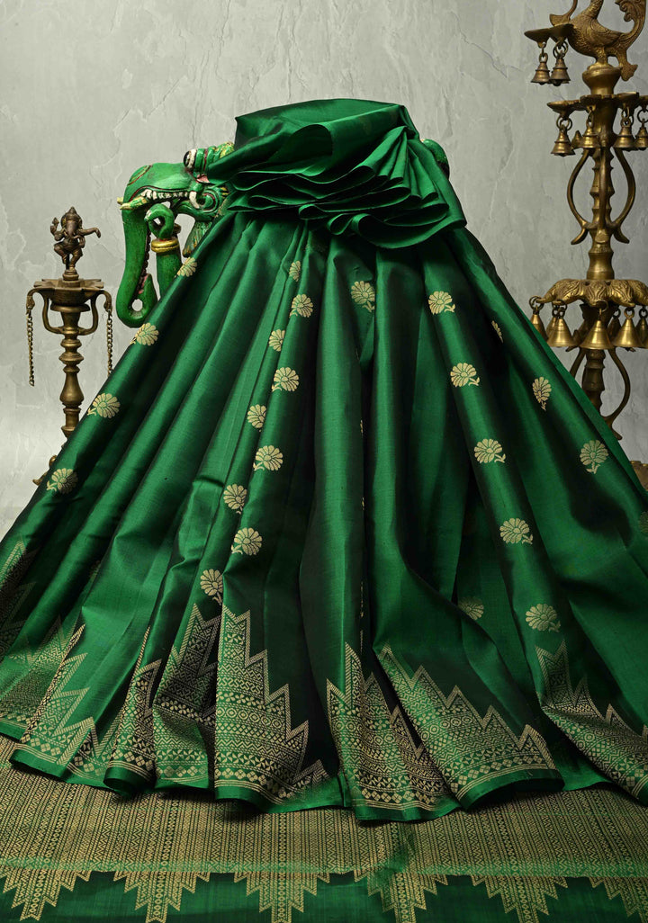Emerald Green Kanjivaram Soft Silk Saree with Floral Zari Buttas and Temple Zari Border | SILK MARK CERTIFIED