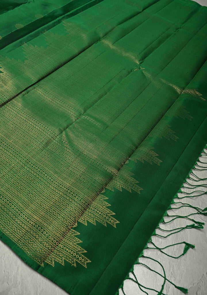 Emerald Green Kanjivaram Soft Silk Saree with Floral Zari Buttas and Temple Zari Border | SILK MARK CERTIFIED