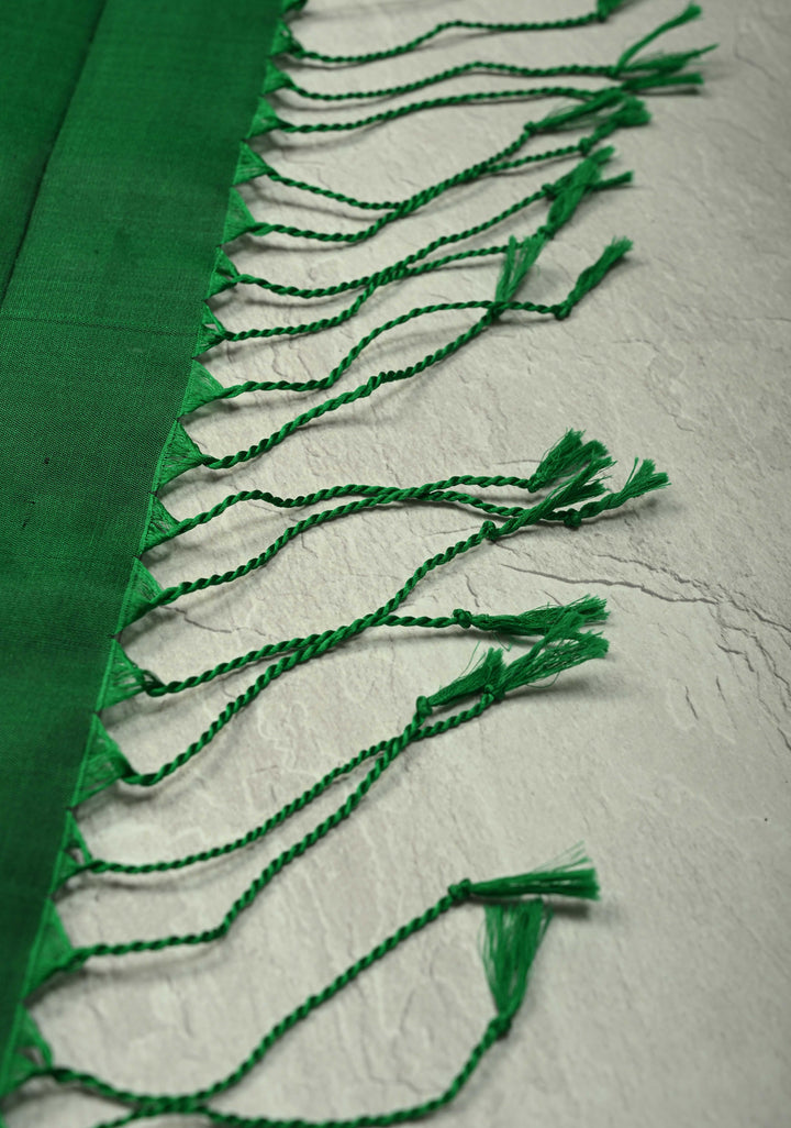 Emerald Green Kanjivaram Soft Silk Saree with Floral Zari Buttas and Temple Zari Border | SILK MARK CERTIFIED