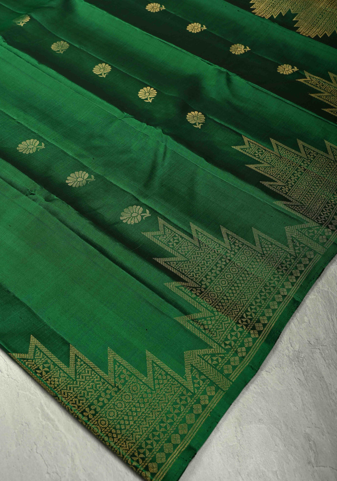 Emerald Green Kanjivaram Soft Silk Saree with Floral Zari Buttas and Temple Zari Border | SILK MARK CERTIFIED