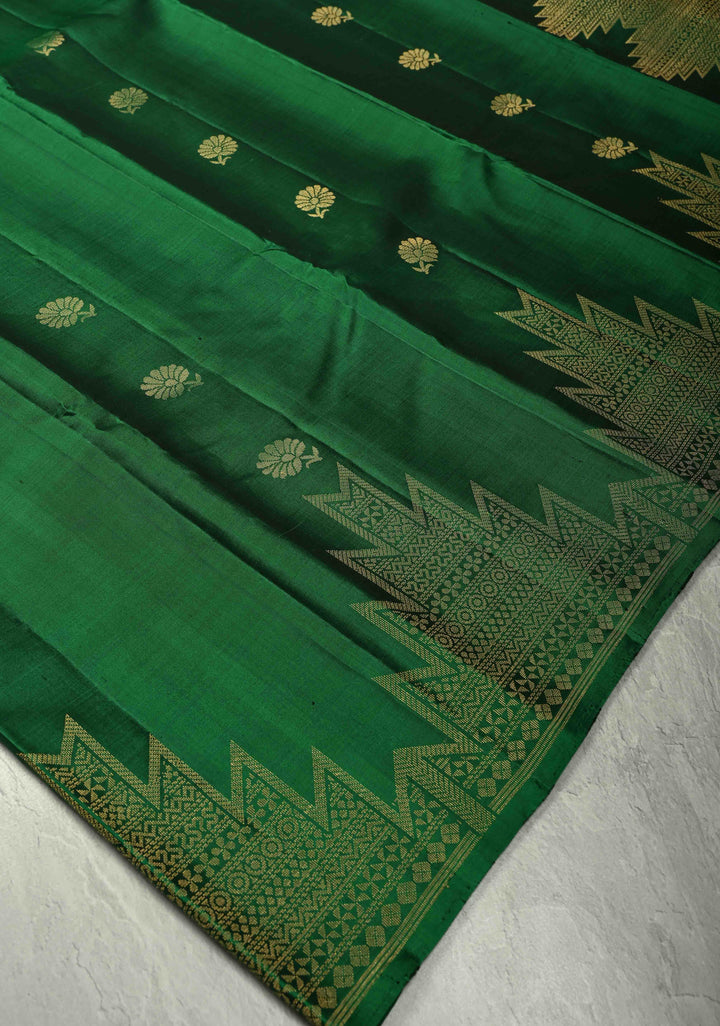 Emerald Green Kanjivaram Soft Silk Saree with Floral Zari Buttas and Temple Zari Border | SILK MARK CERTIFIED