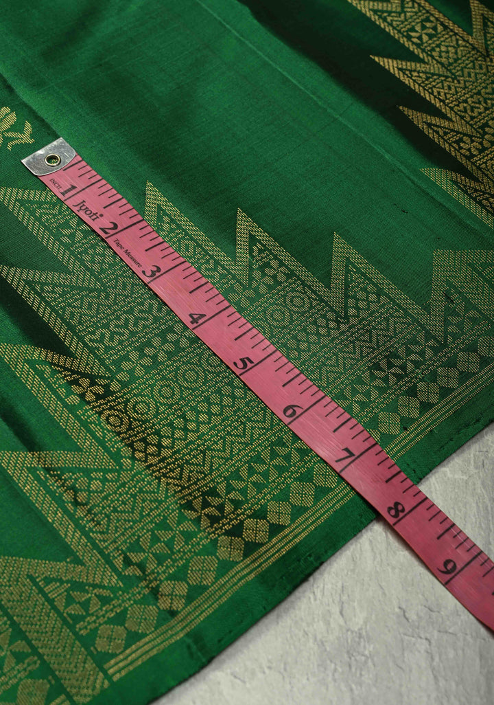 Emerald Green Kanjivaram Soft Silk Saree with Floral Zari Buttas and Temple Zari Border | SILK MARK CERTIFIED