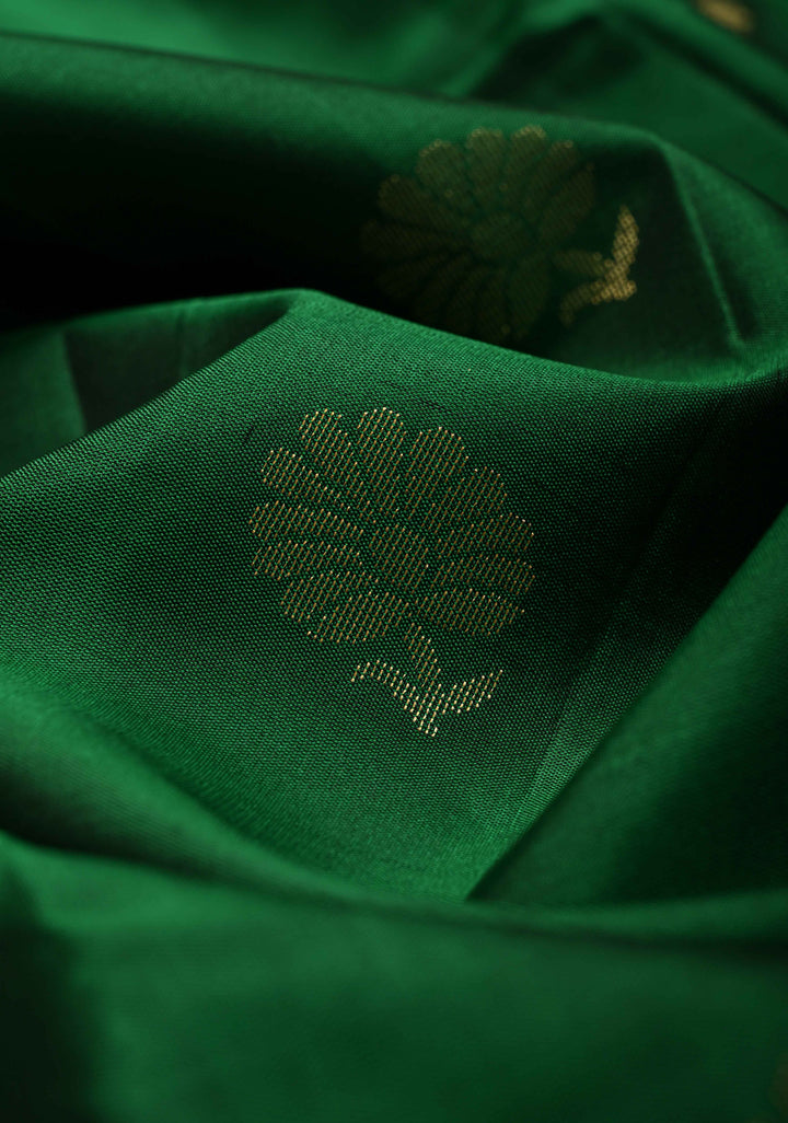 Emerald Green Kanjivaram Soft Silk Saree with Floral Zari Buttas and Temple Zari Border | SILK MARK CERTIFIED