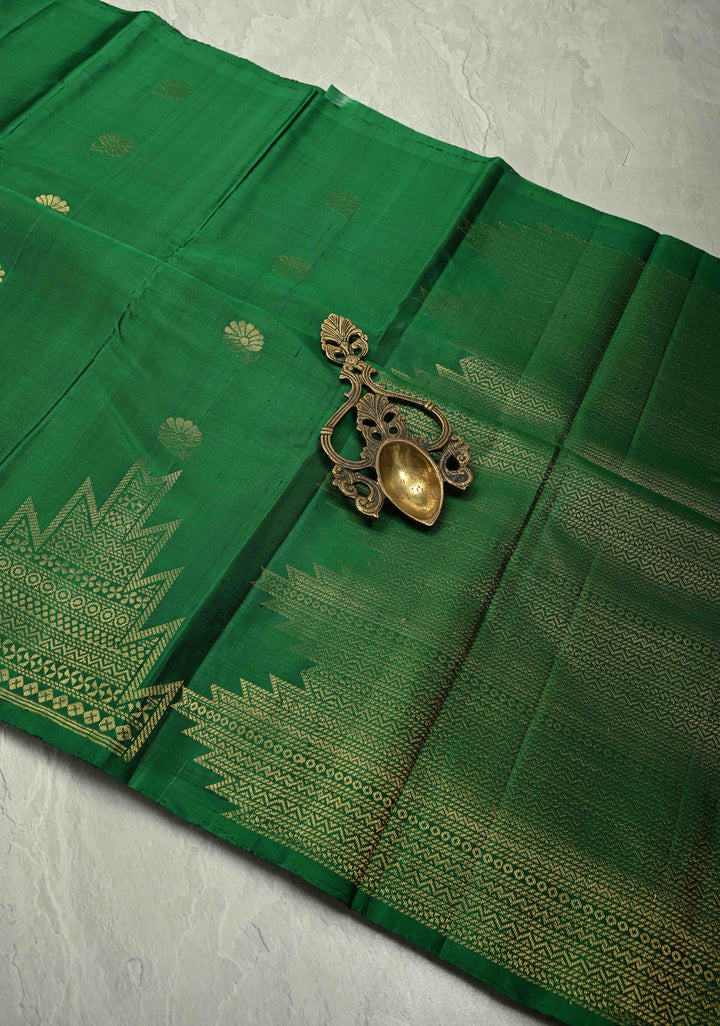 Emerald Green Kanjivaram Soft Silk Saree with Floral Zari Buttas and Temple Zari Border | SILK MARK CERTIFIED