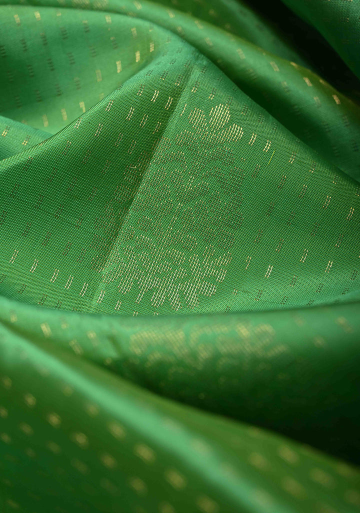 Spring Green Zari Stripes on Kanjivaram Soft Silk Saree with Zari Buttas and Contrast Border | SILK MARK CERTIFIED